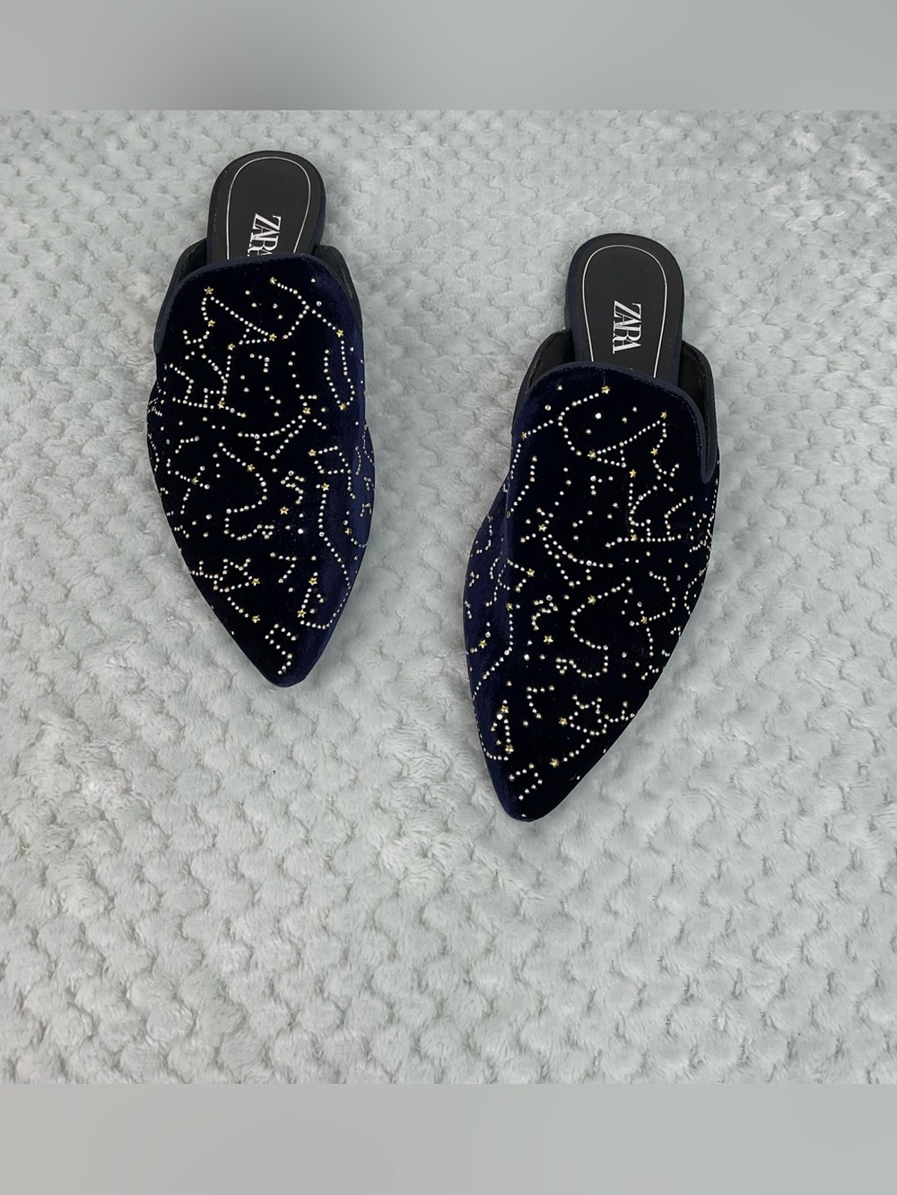 Zara Navy Blue Constellation Embellished Pointed Toe Mules Size 37
